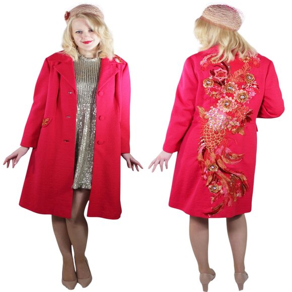 60's Vintage Embroidered Coat and Hat - Hot Pink Mod Fancy Coat
